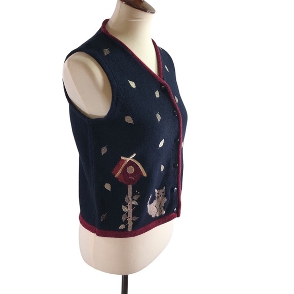 Vintage Y2K Ramie Cotton Embroidered Knit Vest Sz S Navy Wine Cat Bird Novelty - Picture 7 of 11